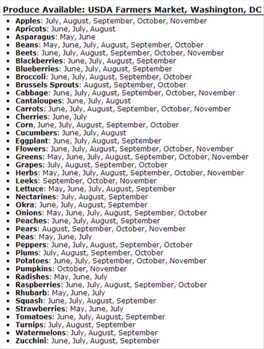 Fresh produce availability at USDA Summer Farmers Market in Washington DC