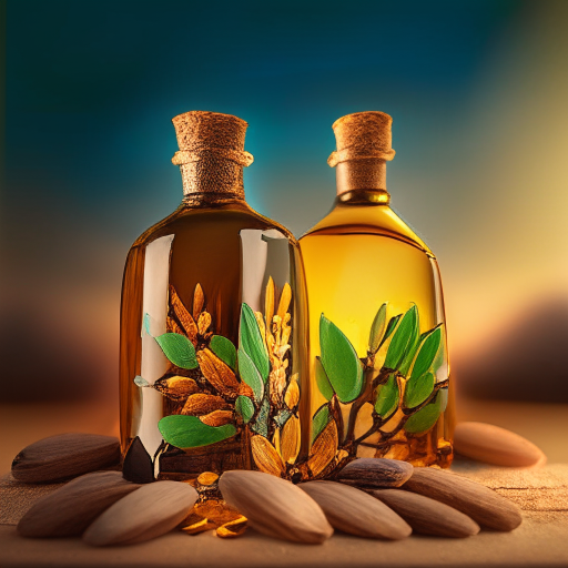 bottles of almond oil displayed with almonds and almond tree leaves