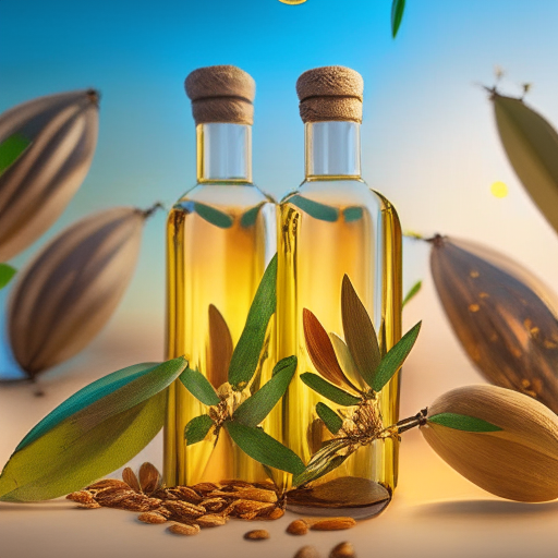 bottles almond oil with almonds and almond tree leaves